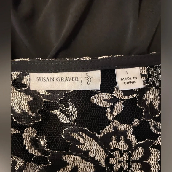 Susan Graver Black Pleated Cowl Neck Back Lace Panel Blouse Top 3/4 Sleeve Large - Picture 7 of 10